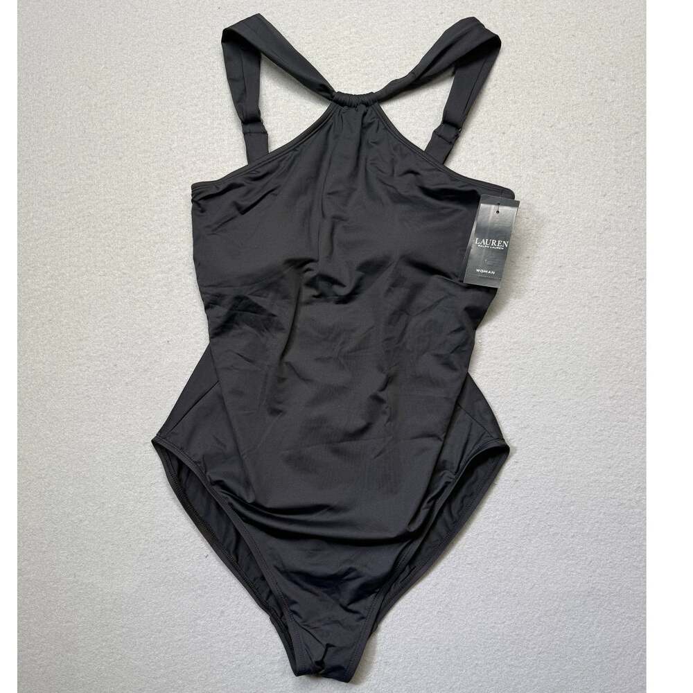 Ralph Lauren Plus Size Tummy-Control High-Neck 1 Piece Swimsuit black 16W $155